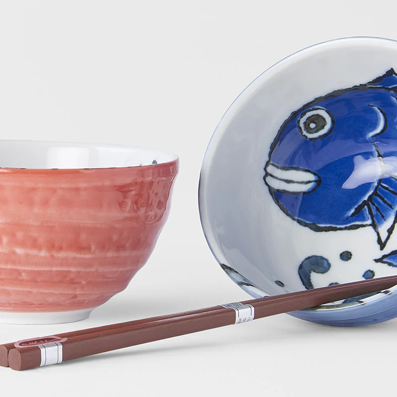 Red and blue on white manga fish 2 piece boxed bowl set 13cm - Image 2