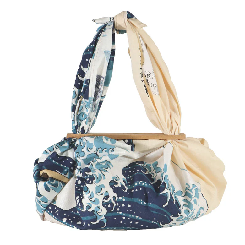 Furoshiki Patchin Bag L Cotton - Under the Wave Off Kanagawa Beige - Image 2